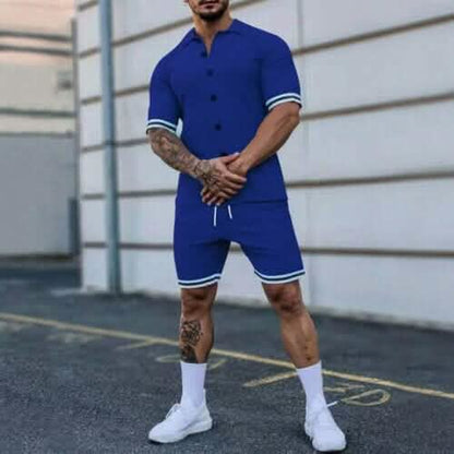 2-Piece Set: Men's Short Sleeve Plain Stripes Lapel